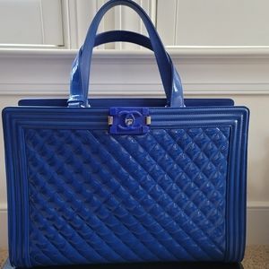 Chanel bright blue boy bag tote
